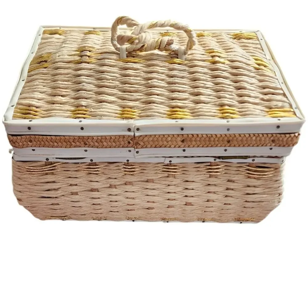 Vintage Natural Woven Fiber Woven Sewing Basket Lined Interior Box